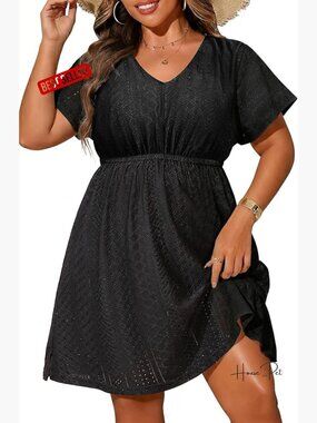 Plus Size Swimsuit Cover Up - Hollow Out V Neck Beach Dress Coverups